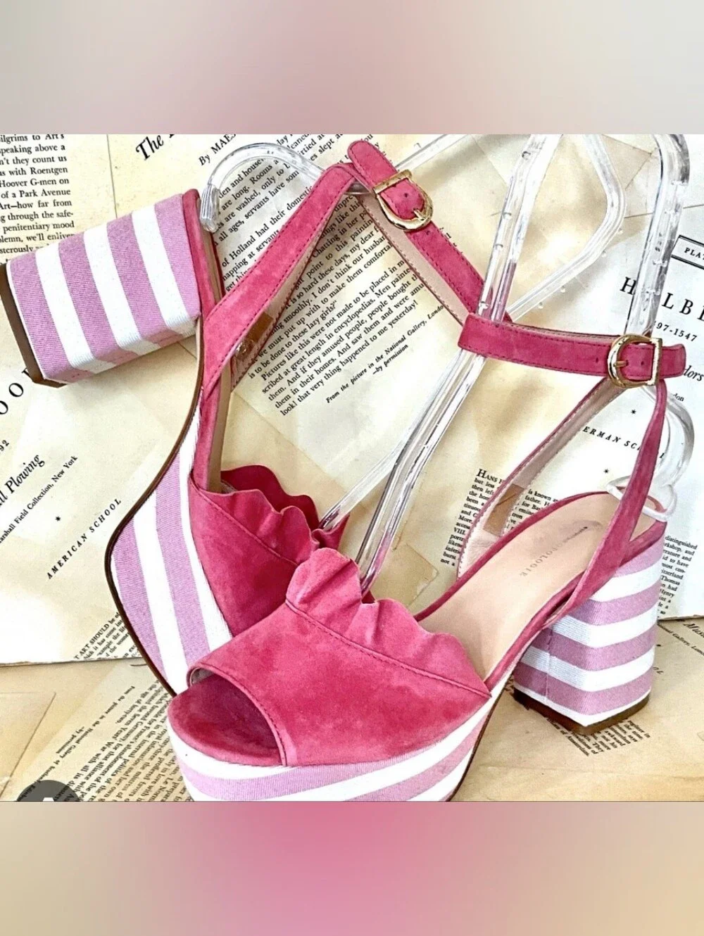 Anthropologie Suede Pink Striped Platform Block Heel Sandals,Euc Size 7